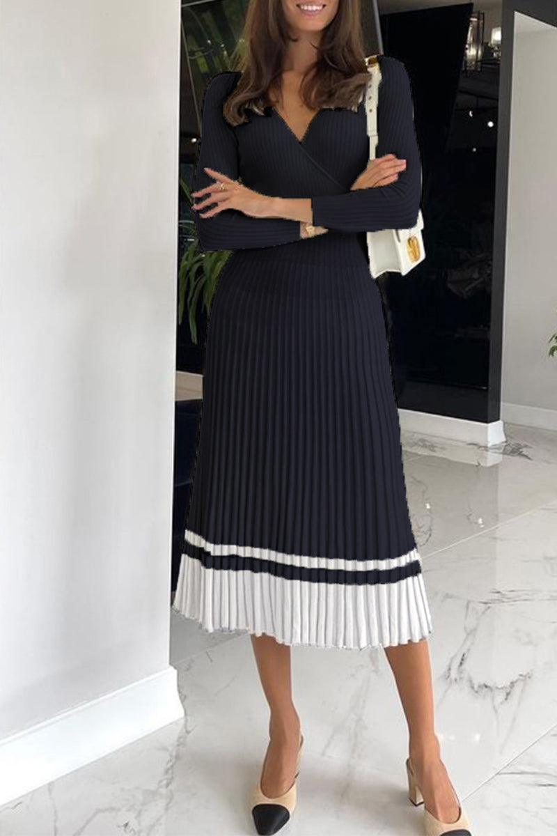 Amelia - elegant striped v neck pleated dress