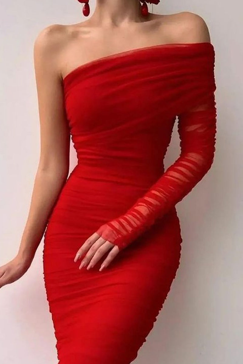 Soleil - classic one shoulder diagonal collar mini evening dress