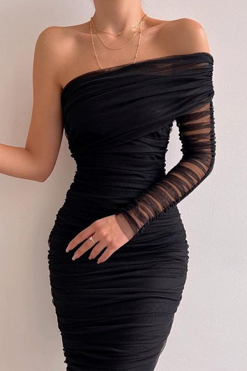 Women's One-Shoulder Mini Dress - Ruched Sheer Sleeve - Elegant Evening Wear