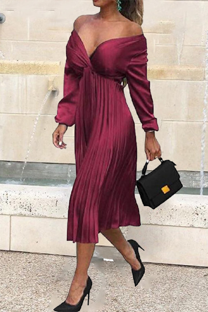 Women's Off-Shoulder Midi Dress – Elegant Pleated Skirt – Long Sleeve Formal Wear