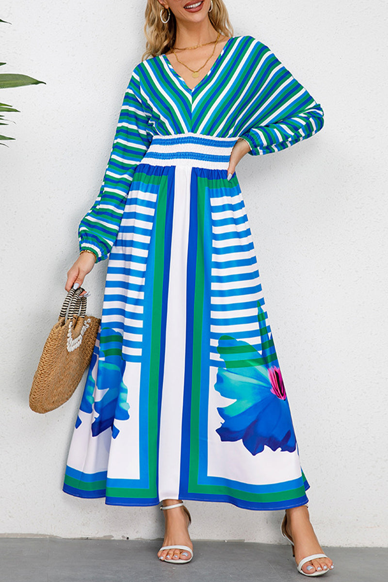 Zadie - elegant striped flower printed long sleeve dress