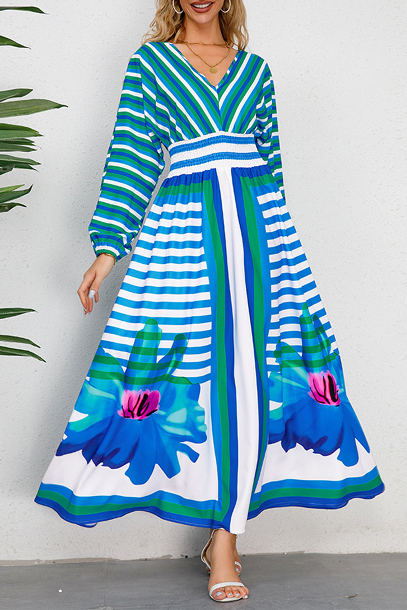 Zadie - elegant striped flower printed long sleeve dress