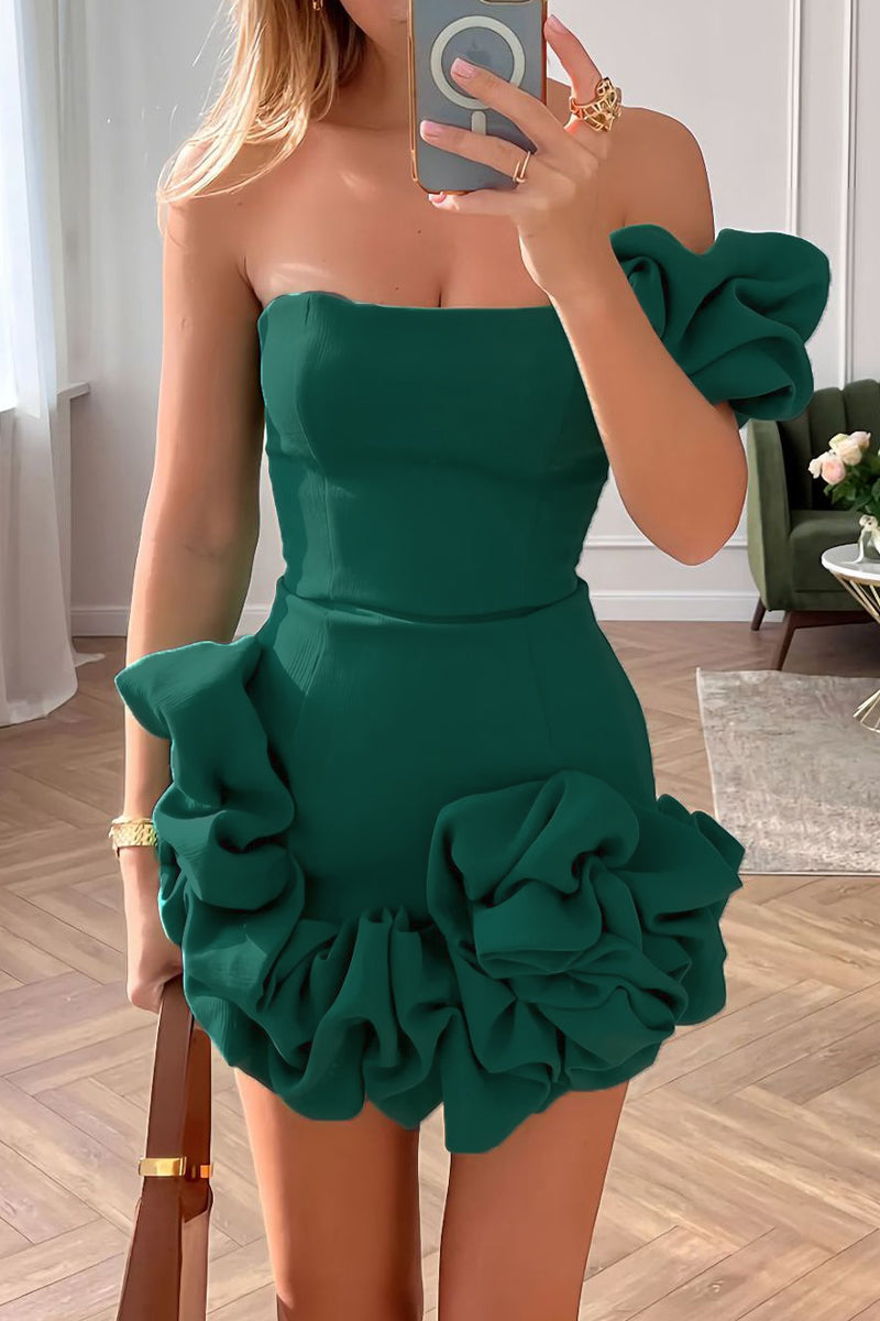 Women's One-Shoulder Mini Dress - Ruffle Detail - Fitted Waist - Elegant Formal Wear