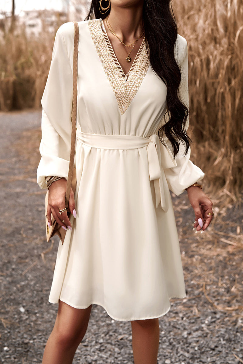 Women's Long-Sleeve Dress - V-Neck Lace Detail - Fit-and-Flare with Waist Tie