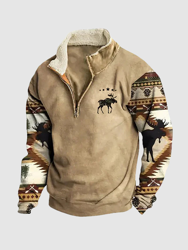 Men's moose print fleece pullover for rustic winter style