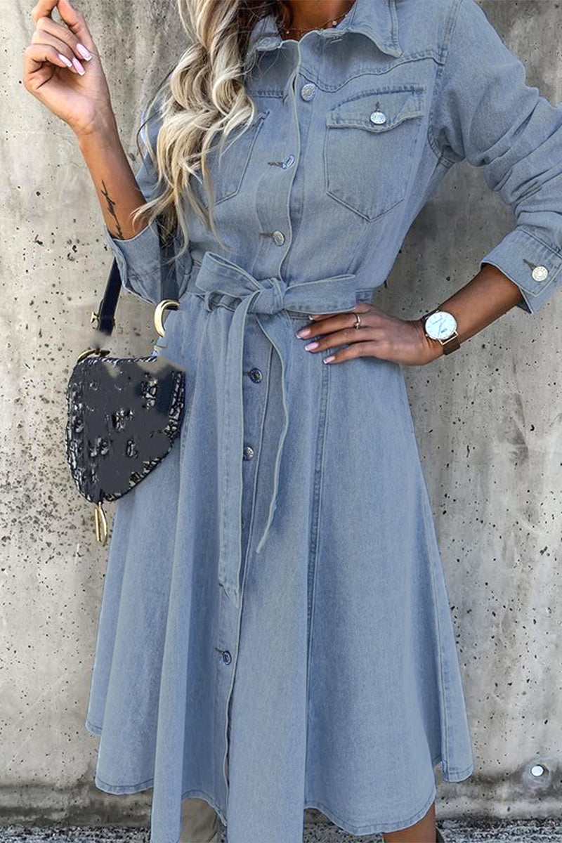 Elize - High Waist Lace-up Denim Dress