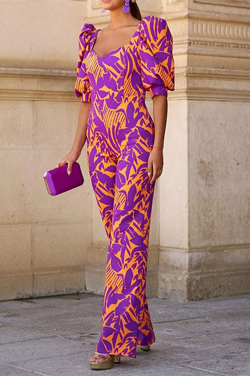 Leora - women fashion print lantern short sleeve jumpsuit