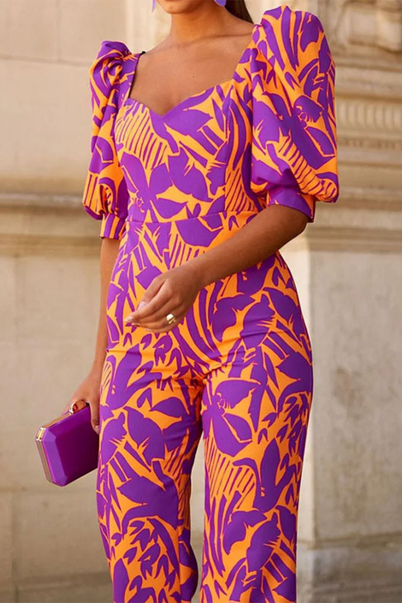 Leora - women fashion print lantern short sleeve jumpsuit