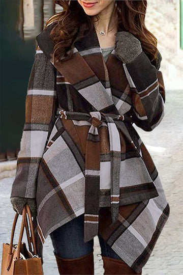 Liora - casual plaid asymmetrical turndown collar coat