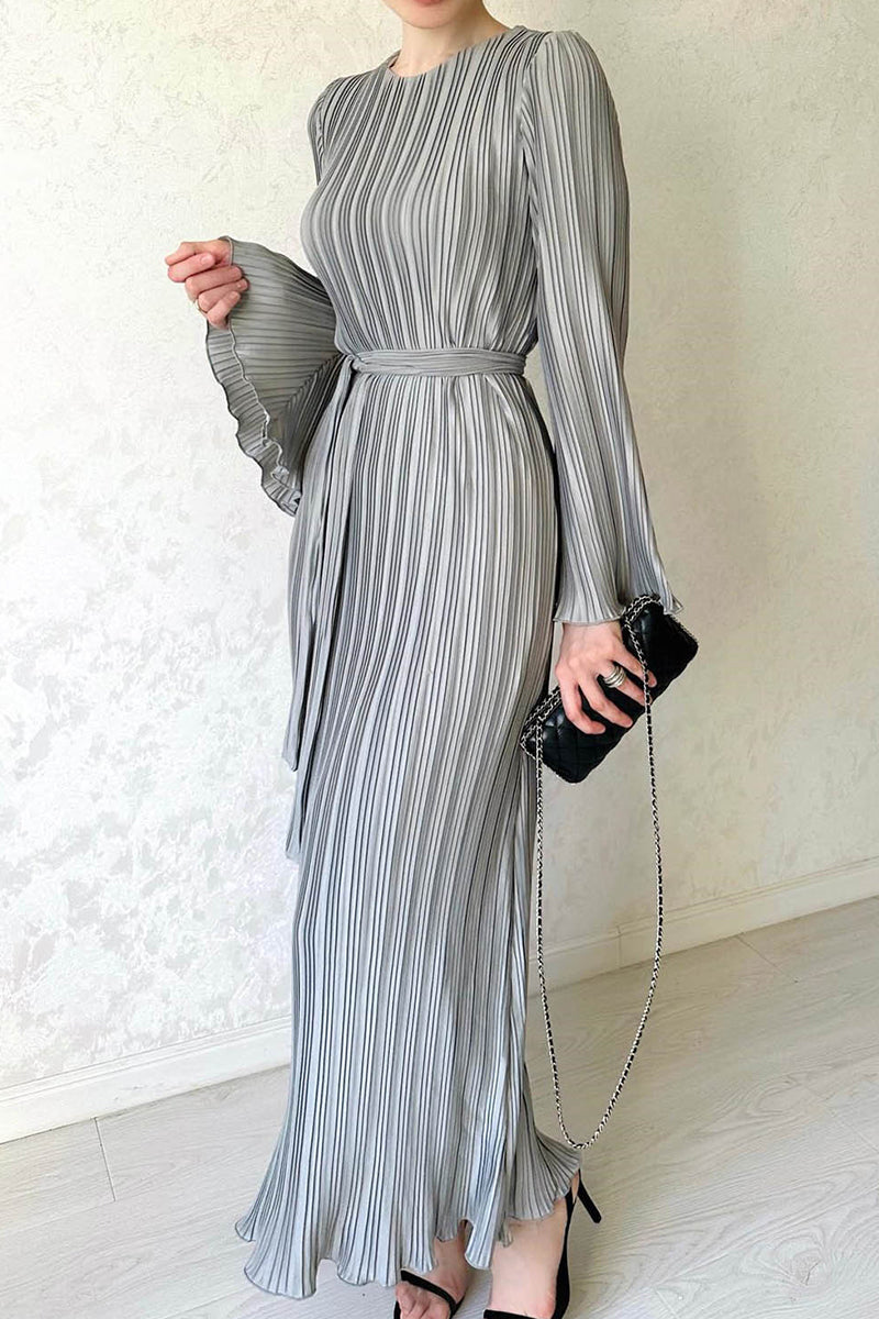 Women's Maxi Dress - Pleated Elegant Design - Long Sleeve Flowy Evening Wear