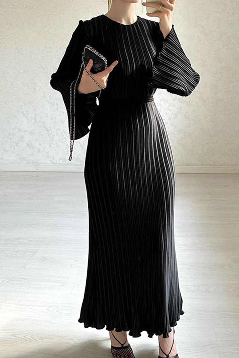 Women's Maxi Dress - Pleated Elegant Design - Long Sleeve Flowy Evening Wear