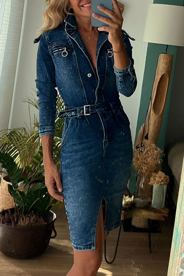 Women's Denim Dress - Tailored Fit - Long Sleeve Button Front with Waist Belt