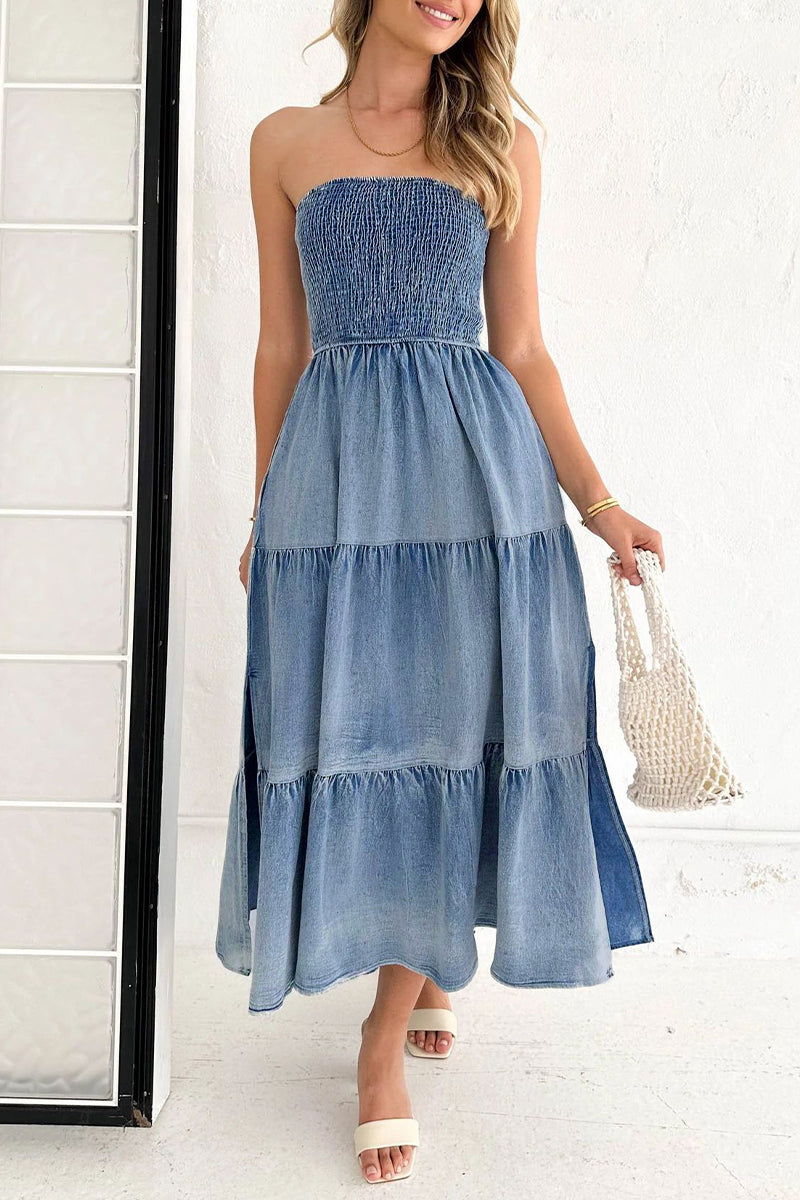 Women's Strapless Maxi Dress - Smocked Bodice - Tiered Flowy Skirt - Side Slit & Pockets