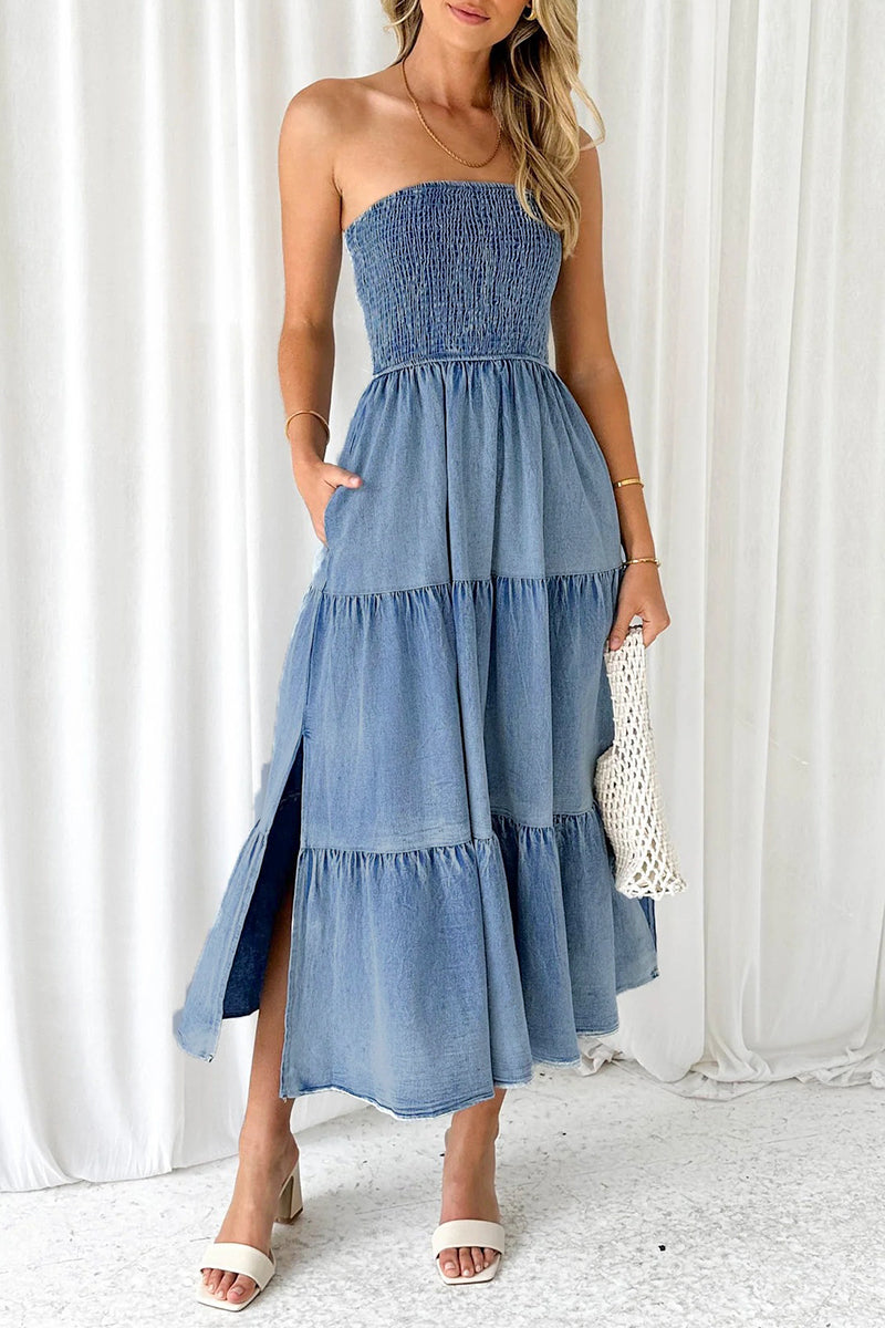 Freya - pocket slit strapless sleeveless denim dress