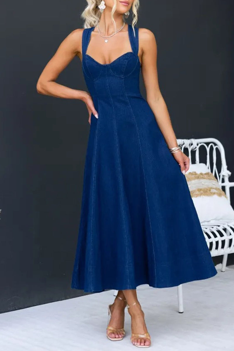 Women’s Denim Dress - Sleeveless A-Line Midi - Sweetheart Neckline Fitted Bodice