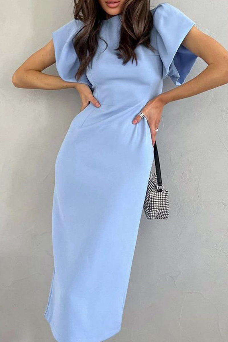 Women's Midi Dress - Structured Cap Sleeves - Tailored Fit - High Round Neck Elegant Style