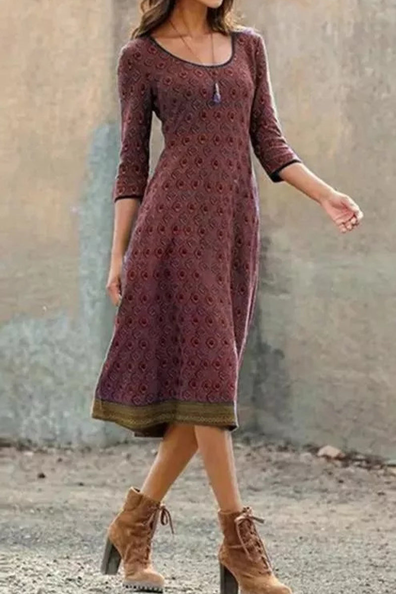 Women's A-Line Dress - Midi Length - Scoop Neck - 3/4 Sleeves - Printed Elegant Fit