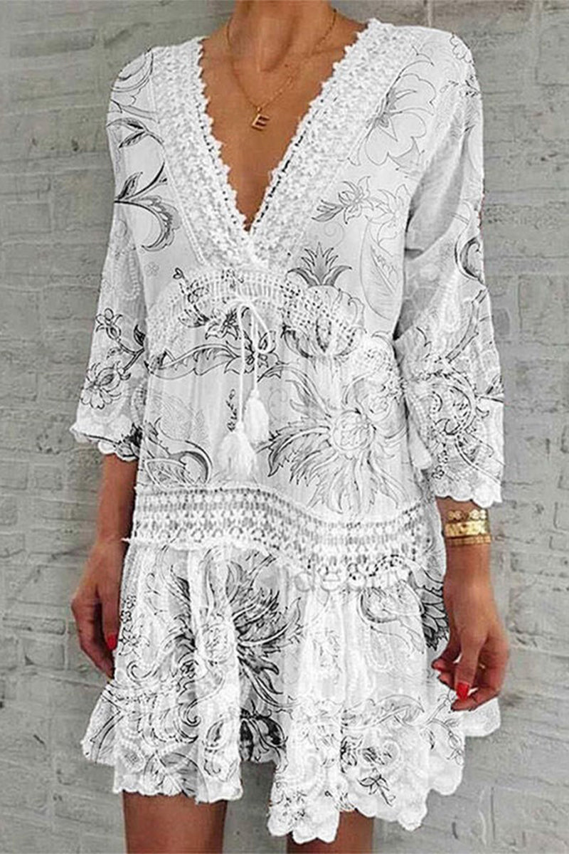 Women's Boho Dress - Deep V-Neck Crochet Lace - Bell Sleeve Flowy Tiered Hem