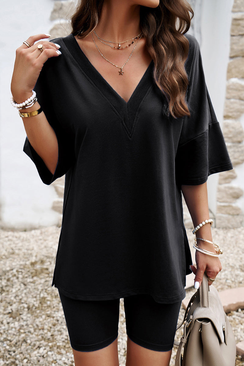 Rochelle - chic v-neck mid-sleeve top + tight shorts set