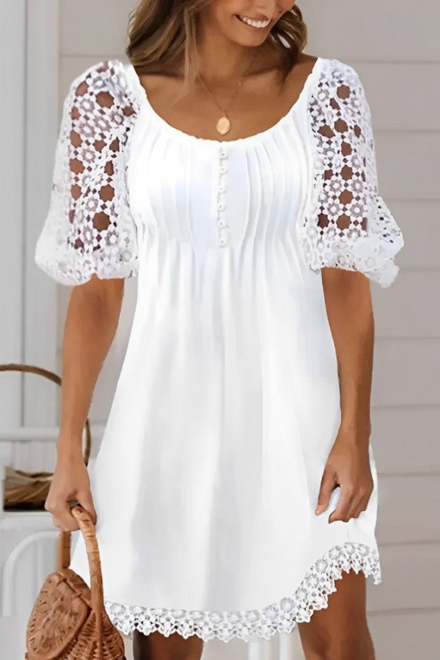 Women's Lace Dress - Button Down - Puff Sleeve - Elegant Casual Fit