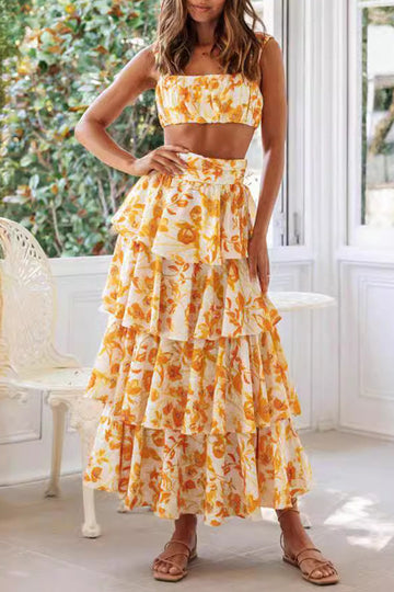 Sadie - elegant floral short strap top with layered ruffle hem skirt set