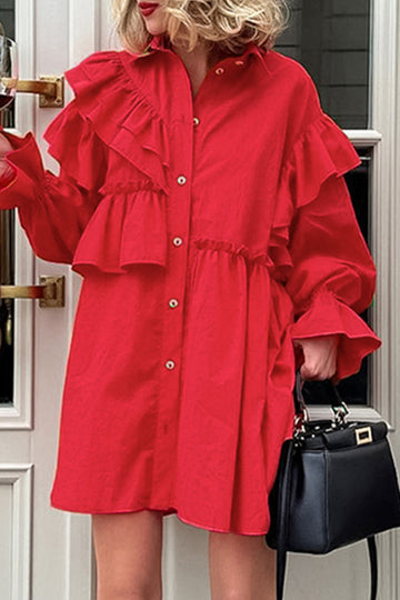 Trishia - elegant red butterfly sleeve ruffled dress