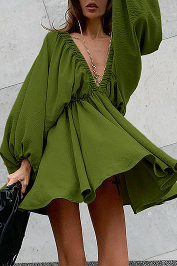 Women's Mini Dress - Deep V-Neck - Lantern Sleeve - Cinched Waist - Flared Skirt