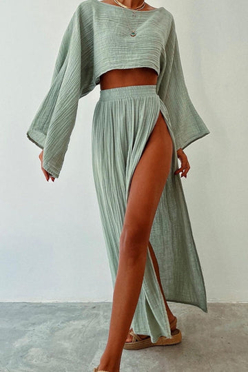 Cassie - slit O-neck long sleeve two piece set