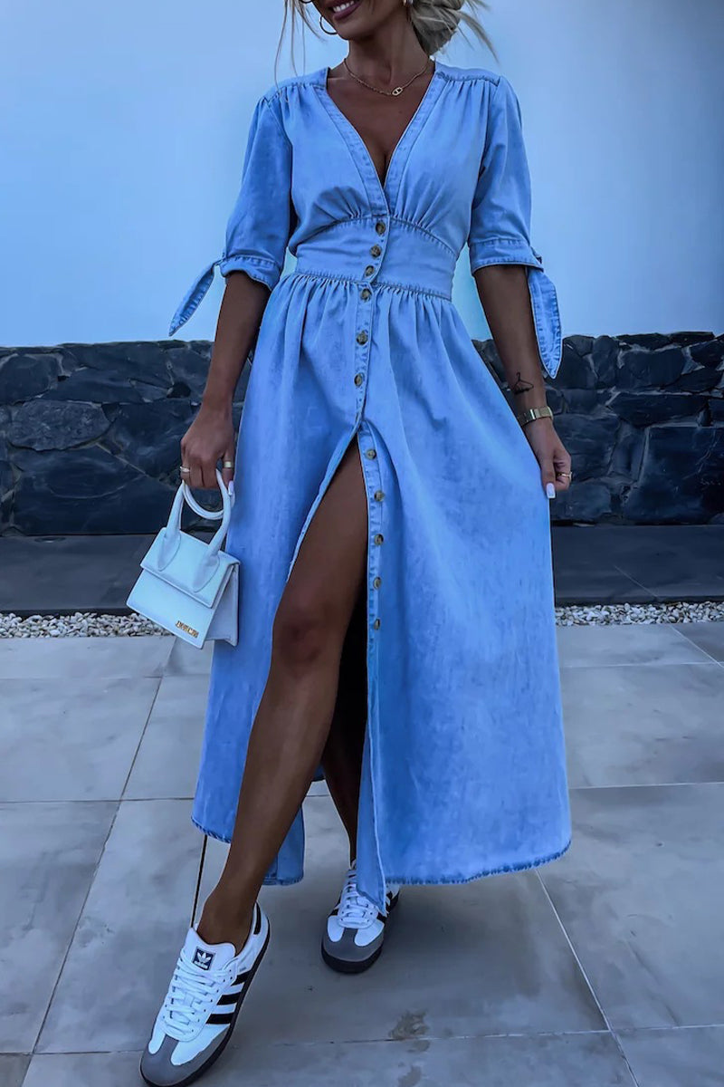 Women's Denim Maxi Dress - Deep V-Neck - Button-Down - Fitted Waist - Three-Quarter Tie Sleeves