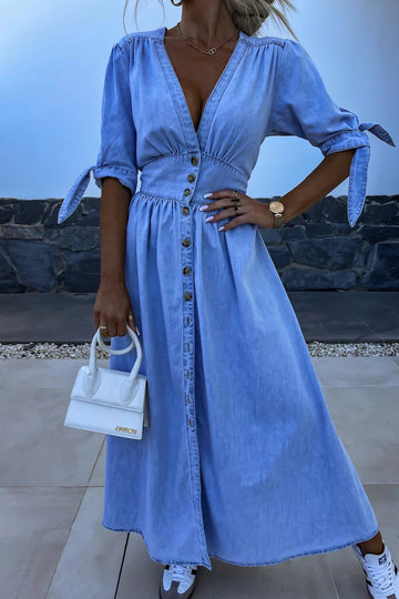 Rima - stylish half-sleeve denim dress with V-neck