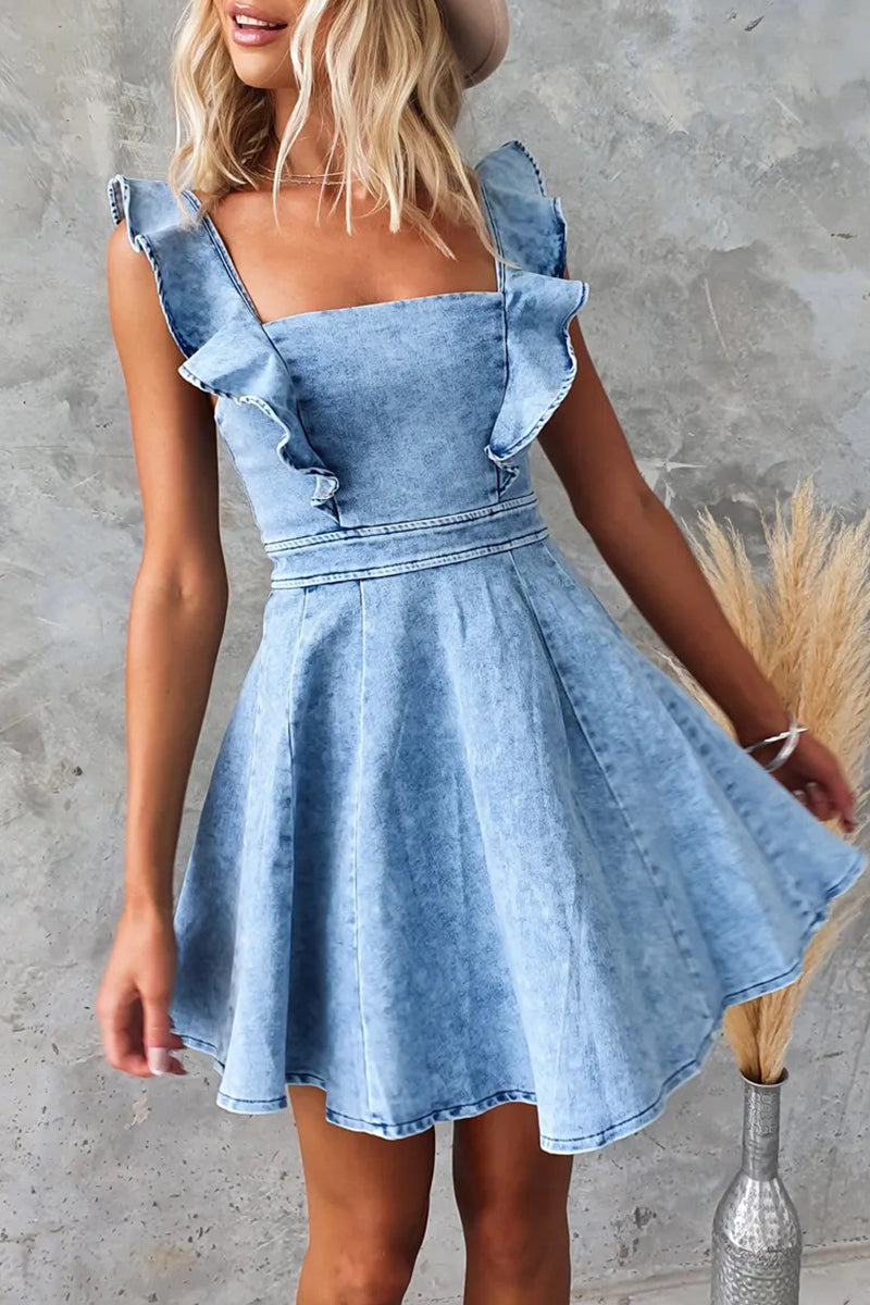 Riley - casual ruffles spaghetti straps denim backless mini dress!