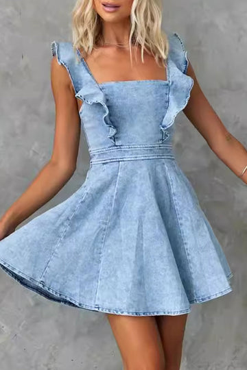 Riley - casual ruffles spaghetti straps denim backless mini dress!