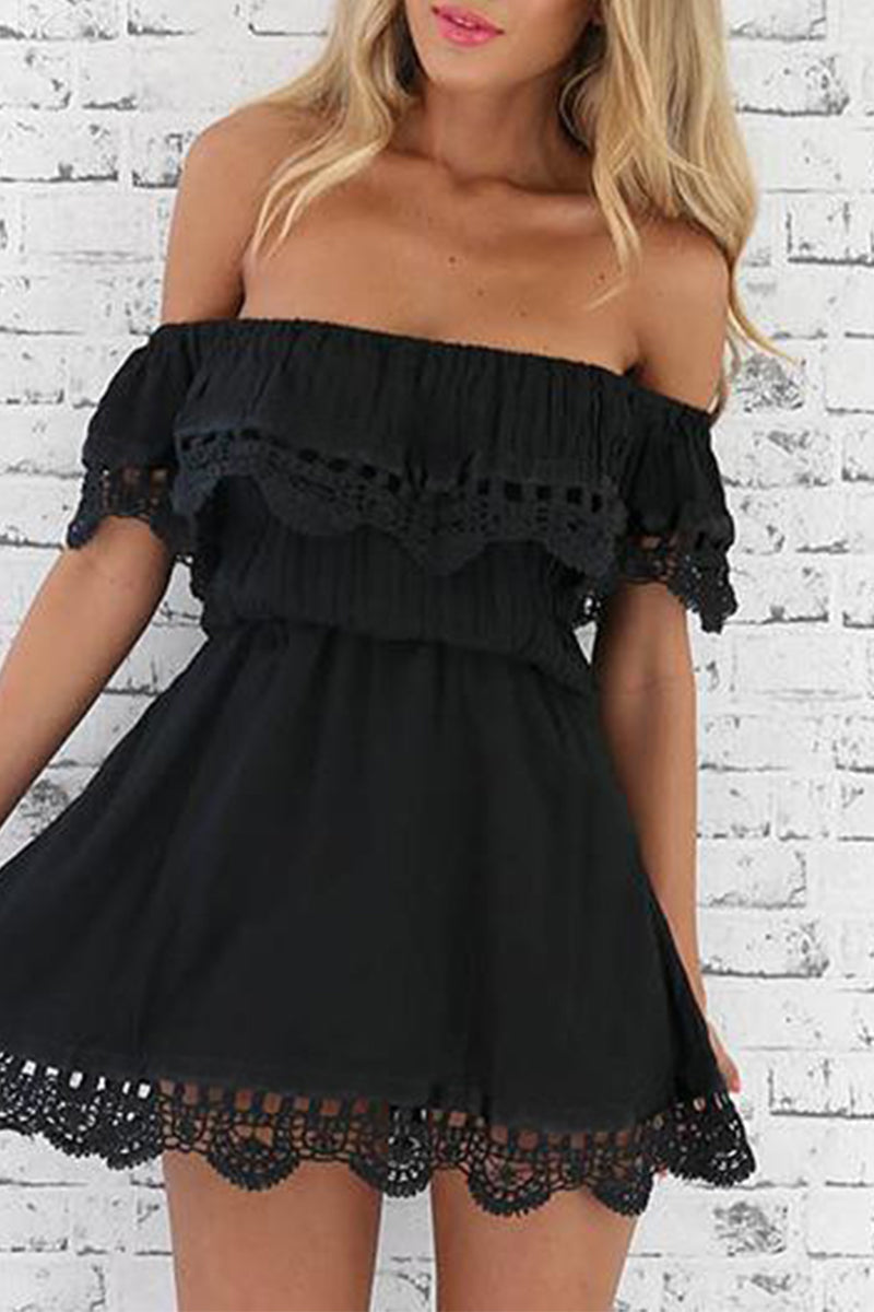 Women's Off-Shoulder Mini Dress - Lace Trim - Relaxed Fit - Cinched Waist Casual Wear