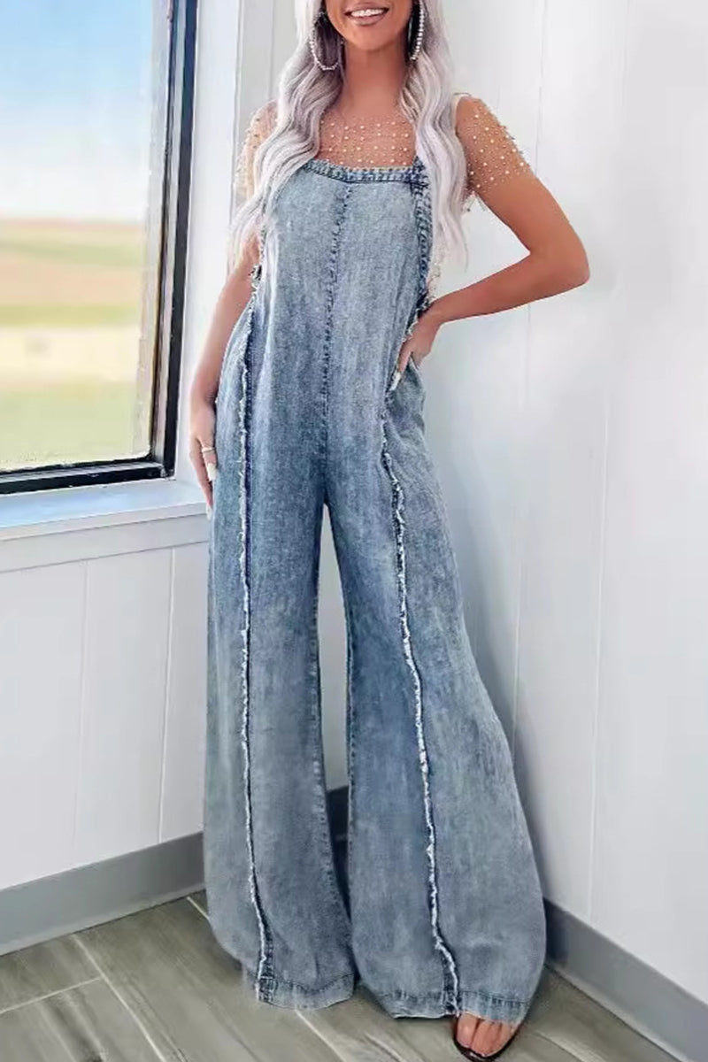 Claudia - casual backless sleeveless loose denim jumpsuits