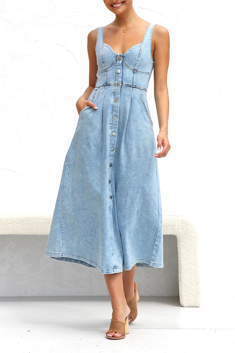 Women's Denim Midi Dress - Sleeveless Button-Up - Fitted Bodice with Pockets