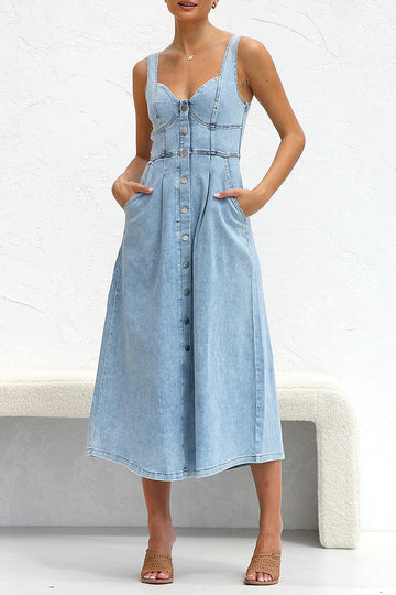 Women's Denim Midi Dress - Sleeveless Button-Up - Fitted Bodice with Pockets