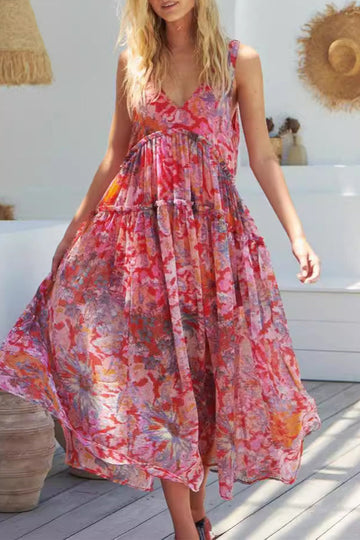 Women's Maxi Dress - Flowy Bohemian Tiered Design - V-Neck Sleeveless Casual Wear