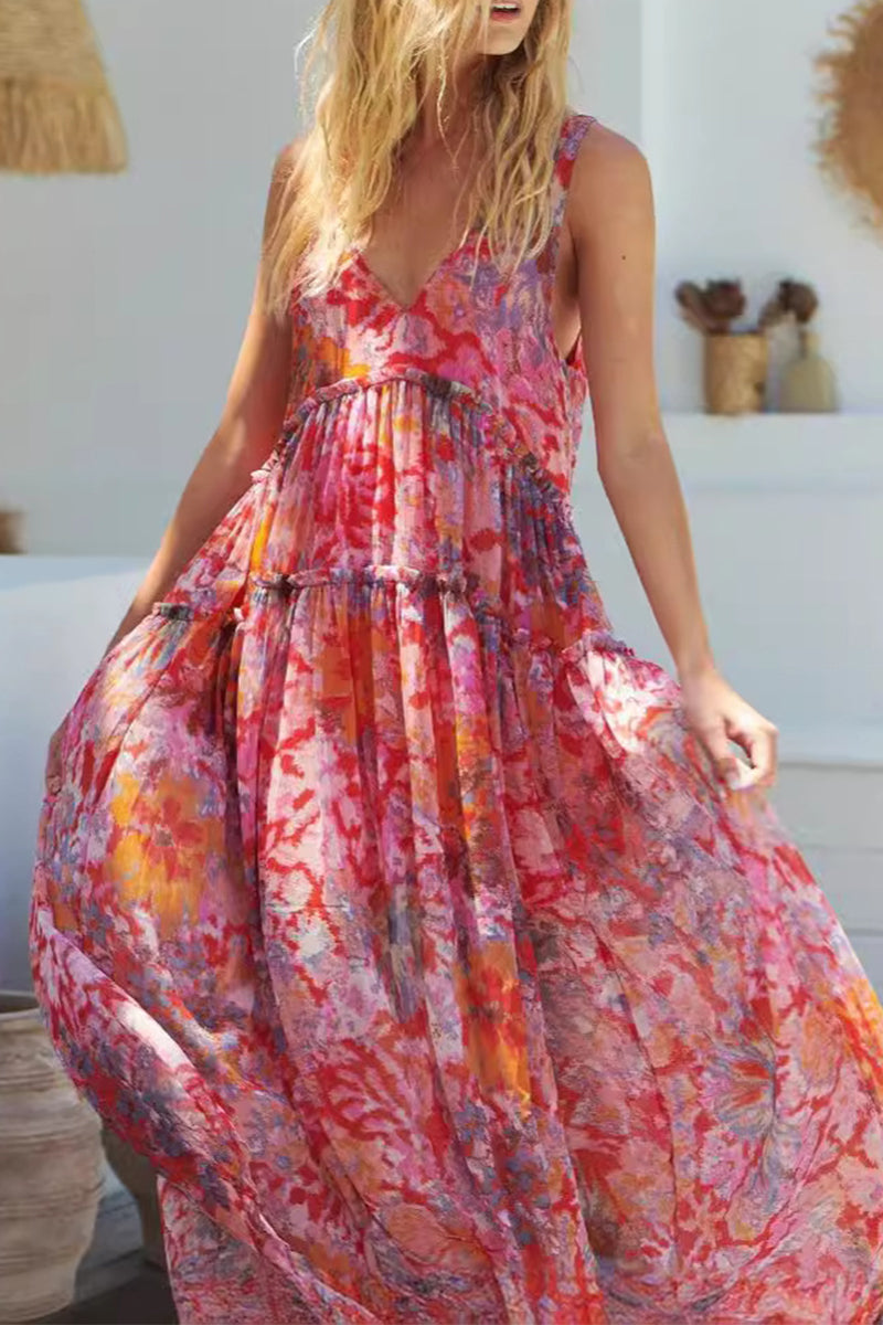 Women's Maxi Dress - Flowy Bohemian Tiered Design - V-Neck Sleeveless Casual Wear