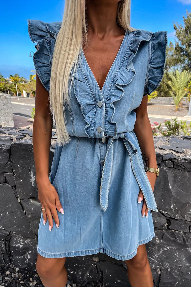 Hermione - V-neck denim dress with ruffle sleeves