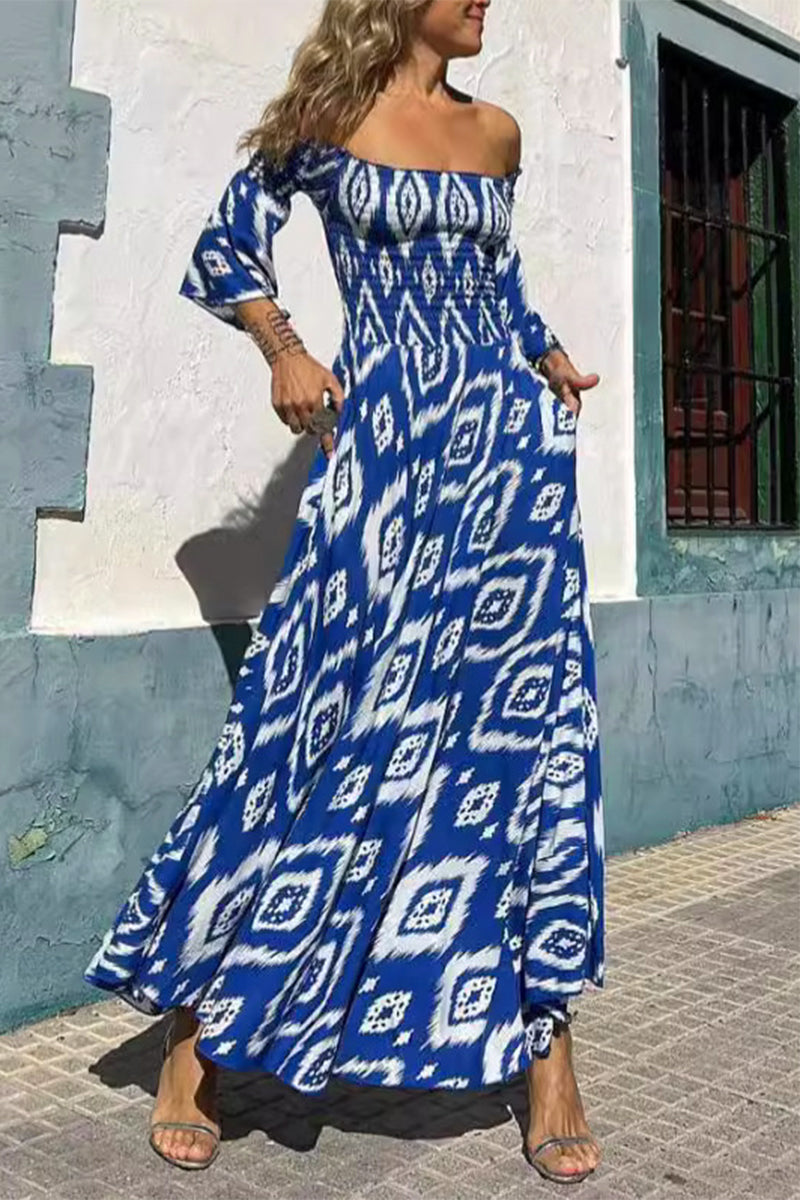 Women's Maxi Dress - Off-Shoulder - Three-Quarter Sleeve - Flowy Geometric Print