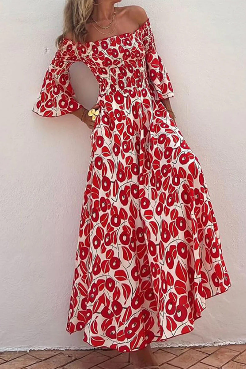 Women's Off-Shoulder Maxi Dress - Floral Print - A-Line - Smocked Bodice - 3/4 Sleeves