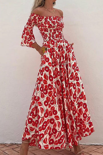 Women's Off-Shoulder Maxi Dress - Floral Print - A-Line - Smocked Bodice - 3/4 Sleeves