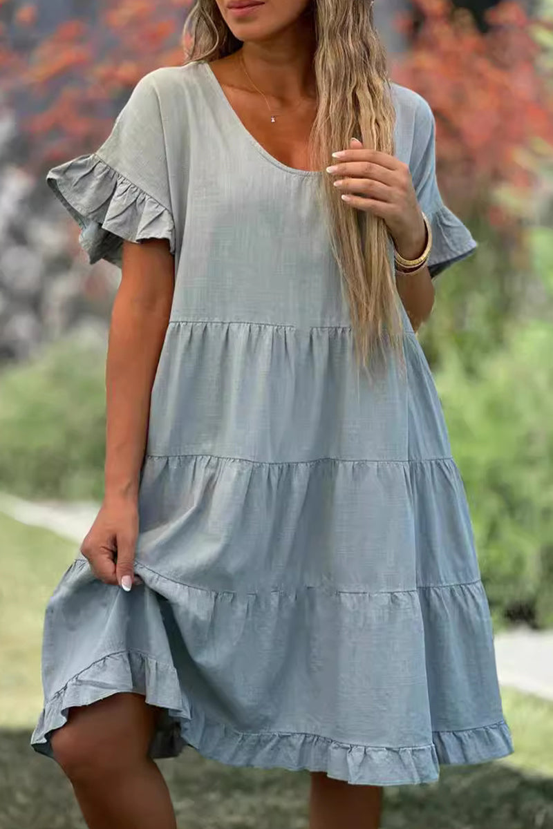 Women's Tiered Dress - Short Ruffle Sleeve - Scoop Neck - Flowy Casual Fit