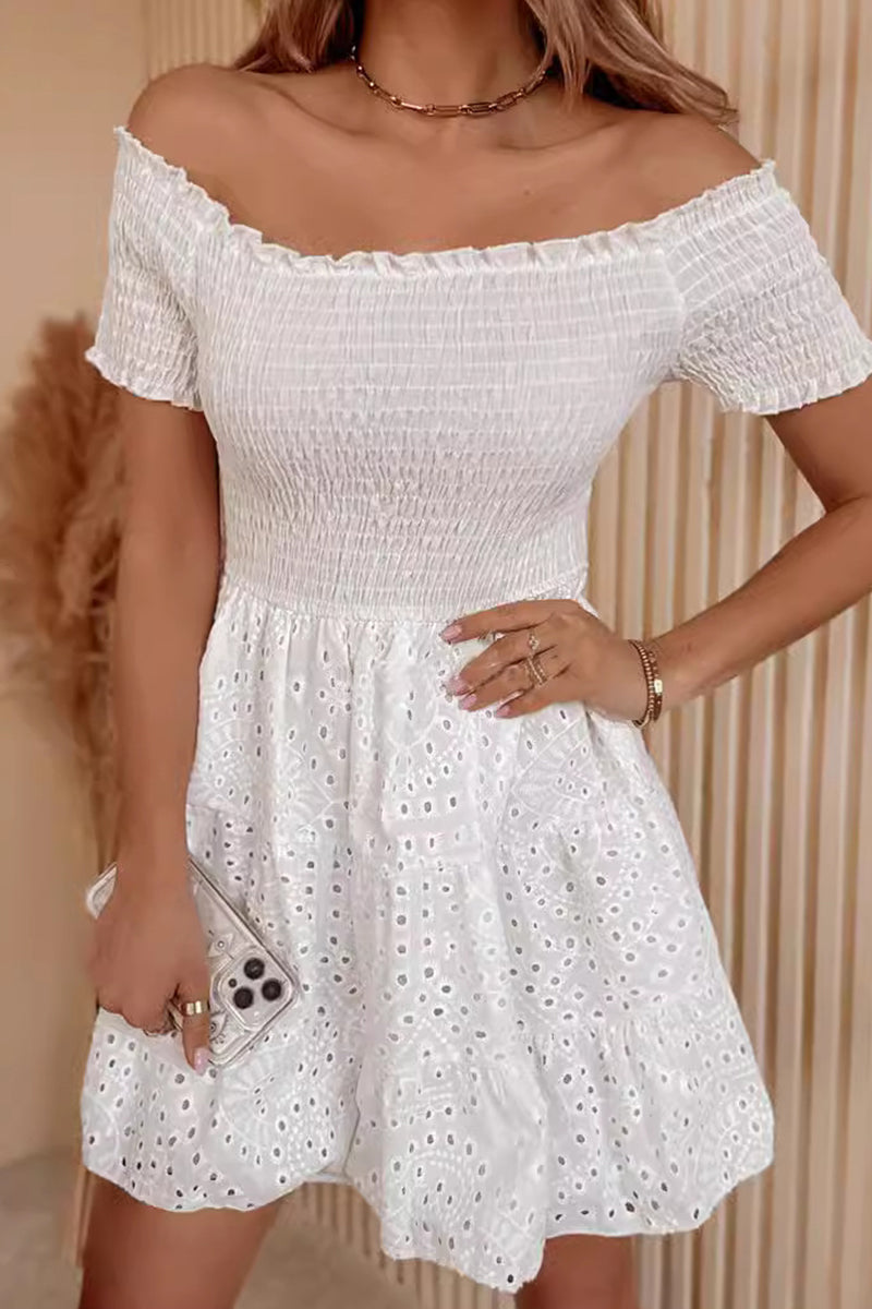 Women's Off-Shoulder Dress - Smocked Bodice - A-Line Eyelet Skirt - Short Sleeve