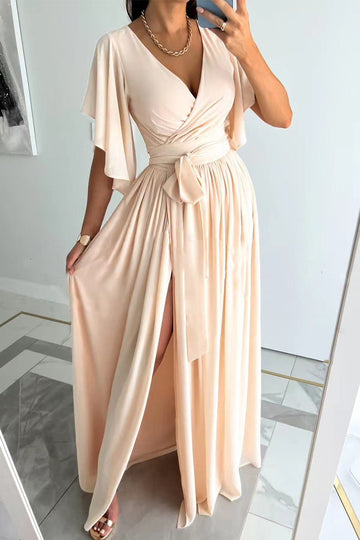 Women's Maxi Dress - Wrap V-Neck - Flutter Sleeves - Flowing Skirt with Front Slit