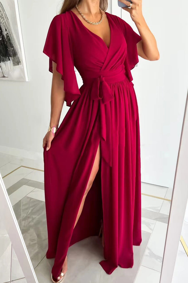 Women's Maxi Dress - Wrap V-Neck - Flutter Sleeves - Flowing Skirt with Front Slit