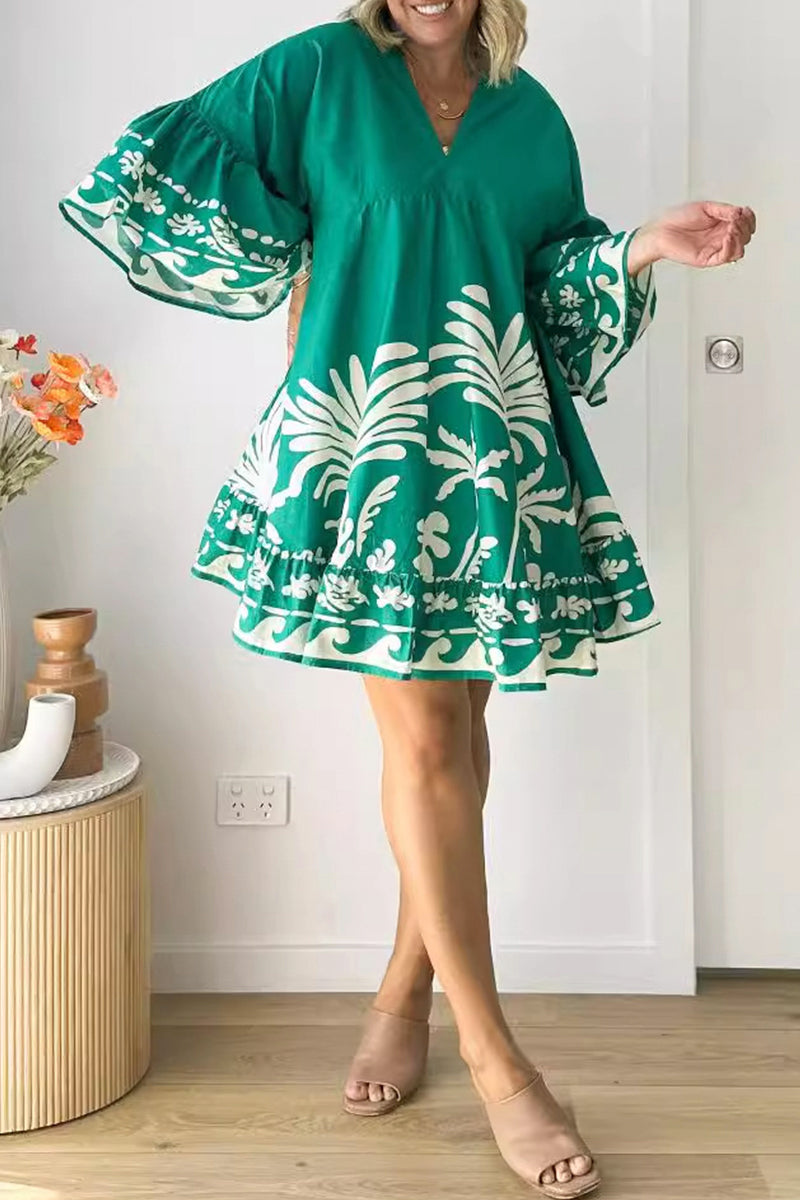 Women’s V-Neck A-Line Dress - Bohemian Print - Bell Sleeves - Tiered Hem