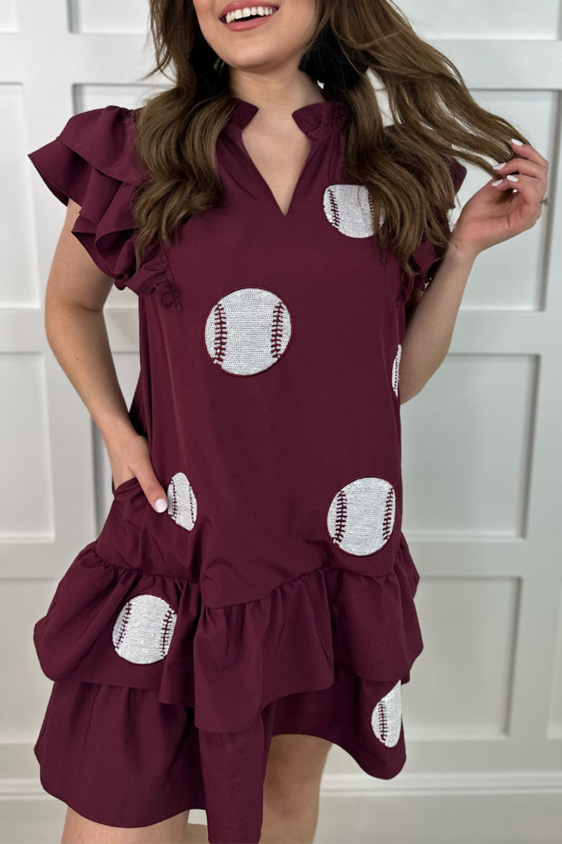 Women's V-Neck Dress - Ruffle Sleeve - Baseball Print - Tiered Flowy Casual Wear