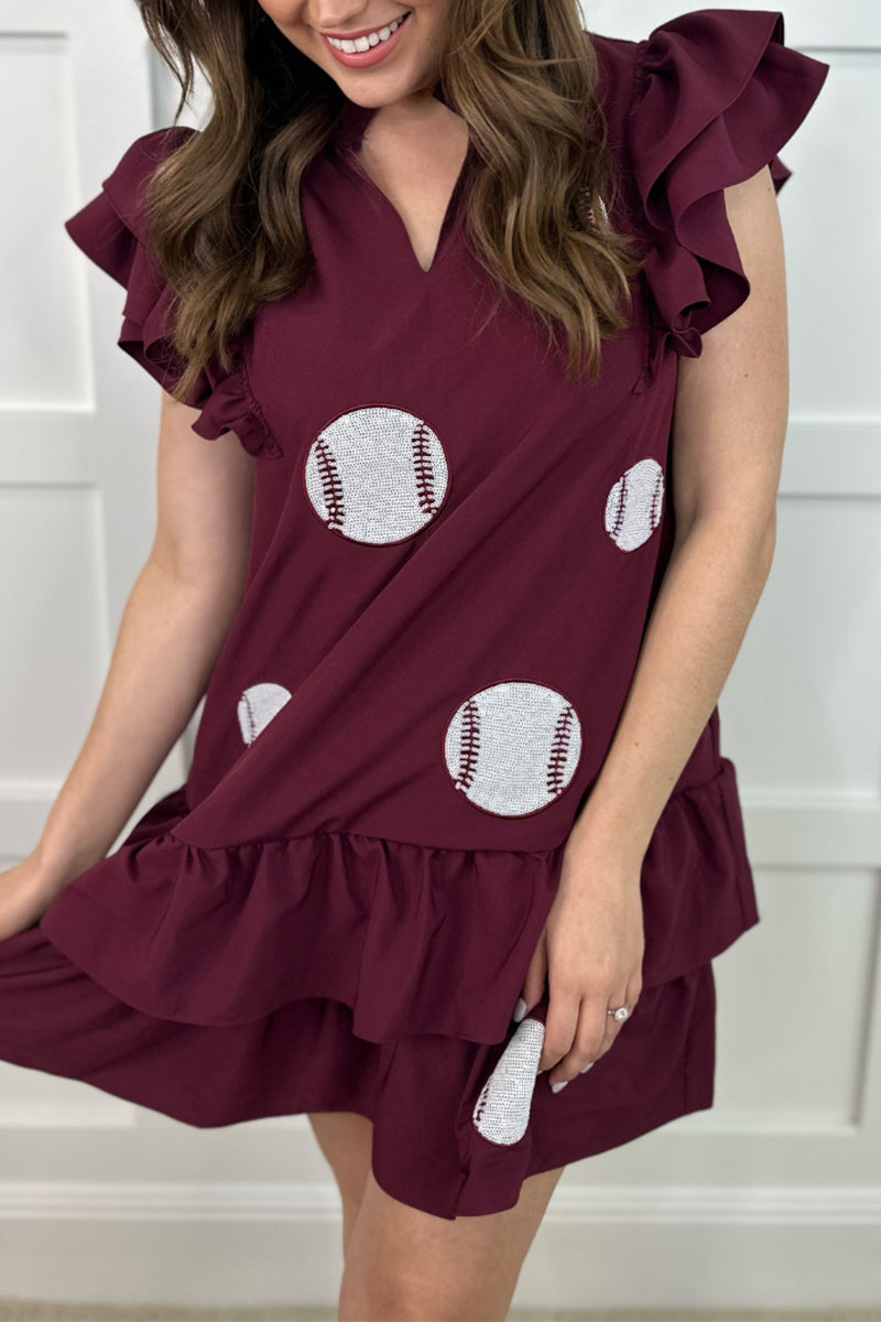 Women's V-Neck Dress - Ruffle Sleeve - Baseball Print - Tiered Flowy Casual Wear