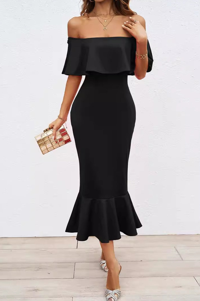 Women’s Off-Shoulder Mermaid Dress – Ruffle Neckline – Elegant Fitted Evening Wear